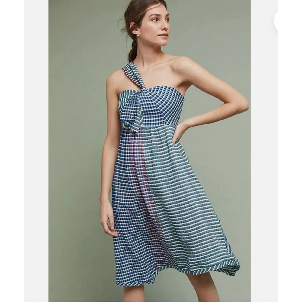 Maeve Anthropologie One Shoulder Plaid Gingham Dress | Waverly Asymmetrical US 8